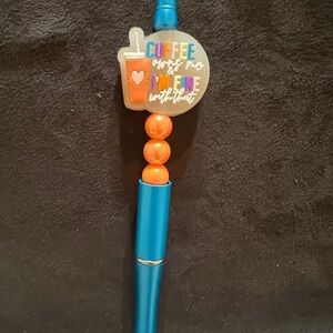 Glow in the dark Blue and Orange Beaded Pen with Coffee Charm